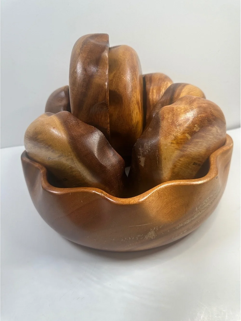 VTG MCM Hand Carved Solid Monkeypod Wood Scalloped Bowl 9 Pc Salad Set